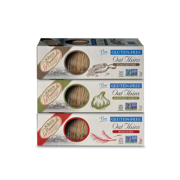 La Panzanella Toasted Oat, Roasted Garlic and Rosemary Gluten Free Oat Things packaging