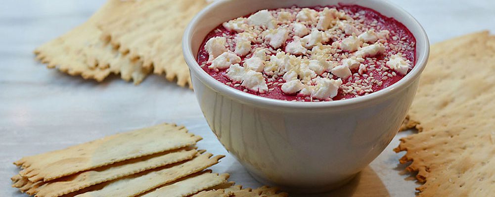 Beet Borani With Feta and Toasted Sesame Seeds with La Panzanella Croccantini crackers