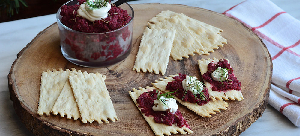 Roasted Beet And Walnut Dip with La Panzanella Croccantini crackers