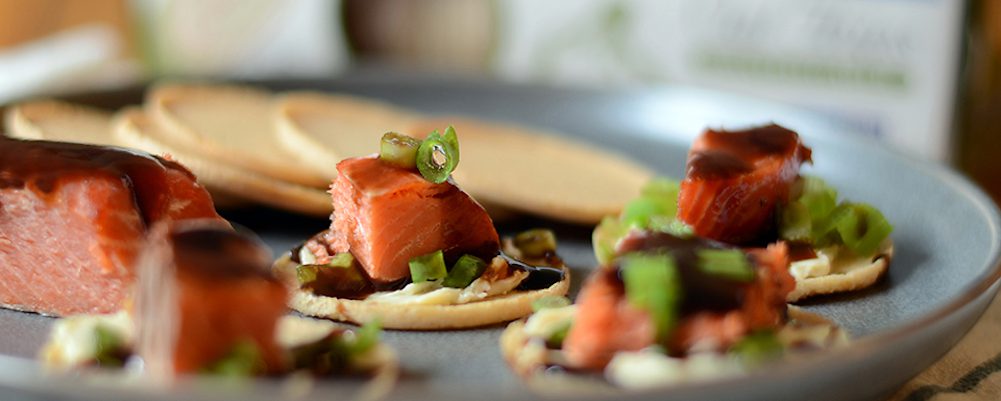 Bourbon-Glazed Salmon Bites with Lan Panzanella Gluten Freen Oat Thins