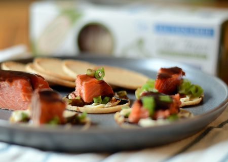 Bourbon-Glazed Salmon Bites with Lan Panzanella Gluten Freen Oat Thins