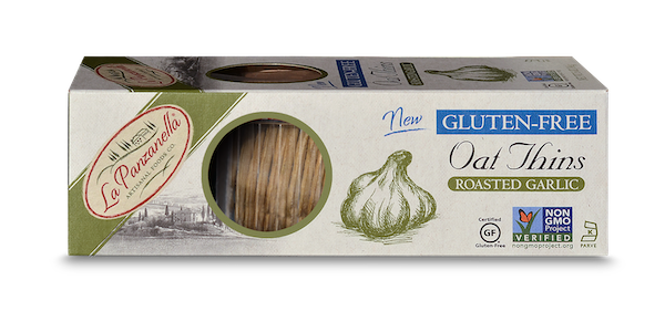La Panzanella Gluten Freen Roasted Garlic Oat Thins Packaging