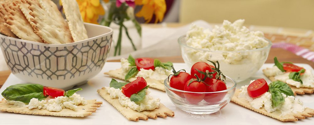 Croccantini With Basil, Tomato, And Herbed Cheese Spread with La Panzanella Croccantini crackers