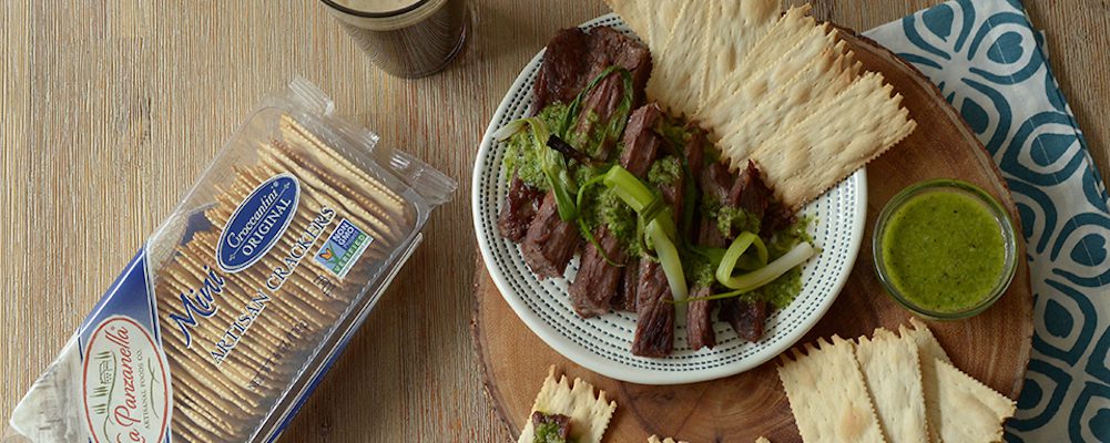 Party Steak With Grilled Scallion Salsa Verde with La Panzanella Croccantini crackers