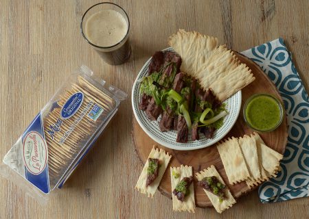 Party Steak With Grilled Scallion Salsa Verde with La Panzanella Croccantini crackers