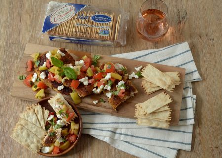 Pistachio Crusted Chicken With Heirloom Tomato Salad with La Panzanella Croccantini crackers