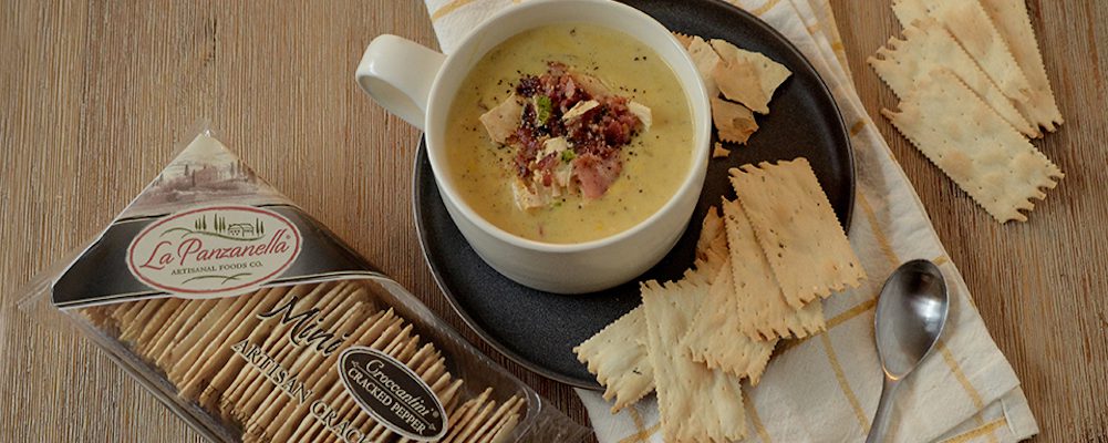 Roasted Poblano Corn Chowder With Bacon & Gouda with La Panzanella Croccantini crackers