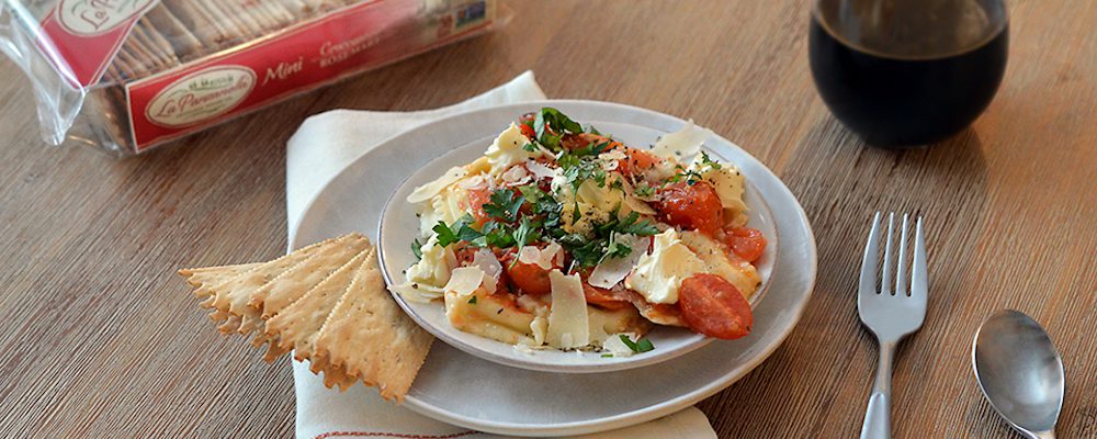 Ravioli With Burst Tomatoes And Mascarpone with La Panzanella Croccantini crackers