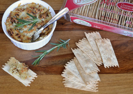 Baked Asiago Hummus with La Panzanella Croccantini crackers