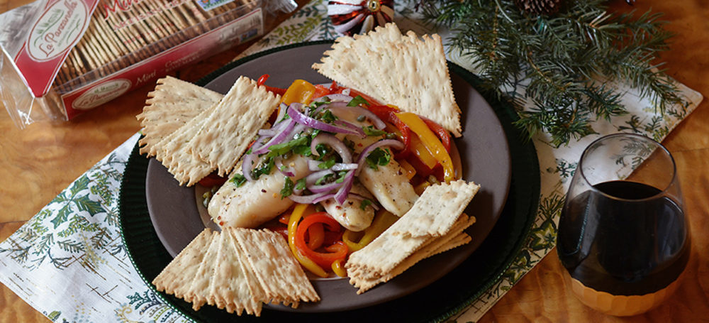 Slow-Roasted Cod With Bell Peppers And Capers with La Panzanella Croccantini crackers